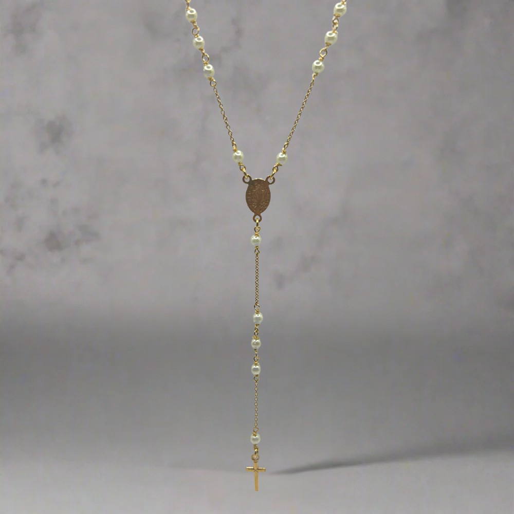 GOLDPATED ROZENKRUIS CHAIN - 925 ZILVER WITTE KRALEN -