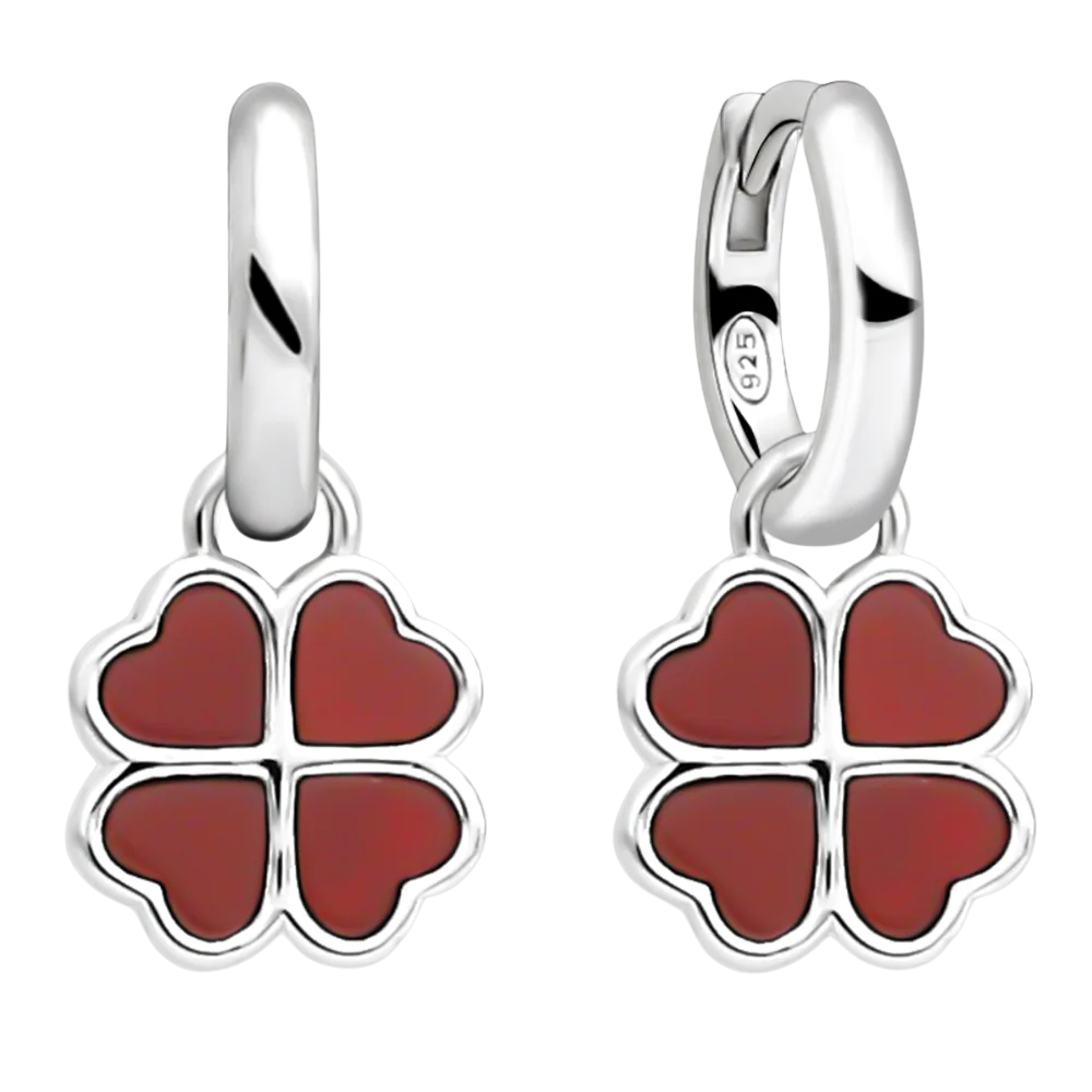 Zilveren wit en rode klaver oorbellen - 925 zilver -