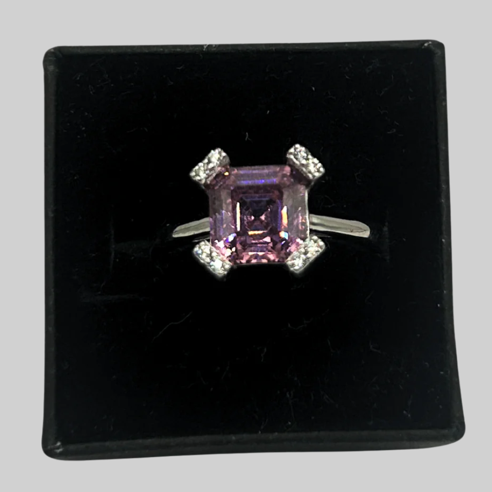 Roze vierkante zirkonia ring - 925 zilver -