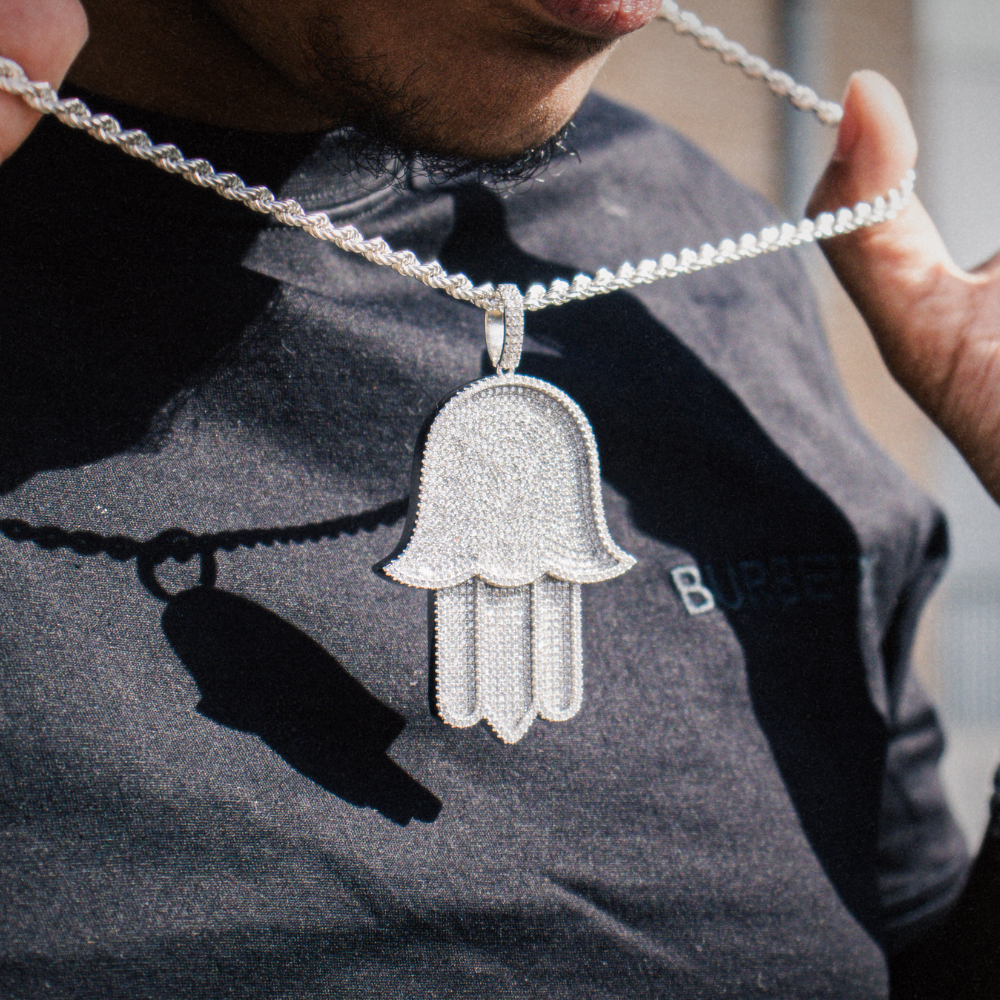 ICED OUT 'HAND OF FATIMA' PENDANT SIZE L - 925 SILVER -