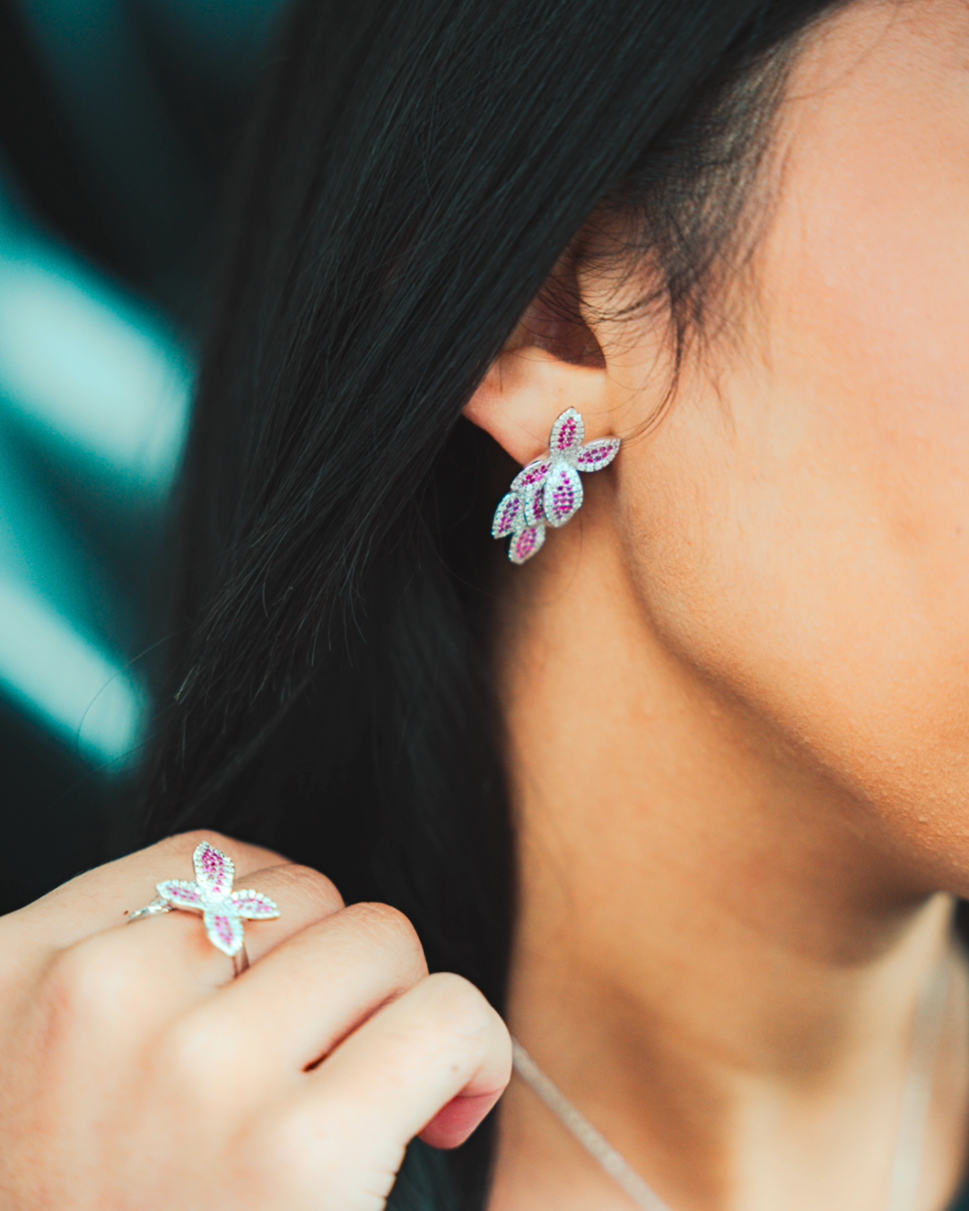 Silver pink flower earrings