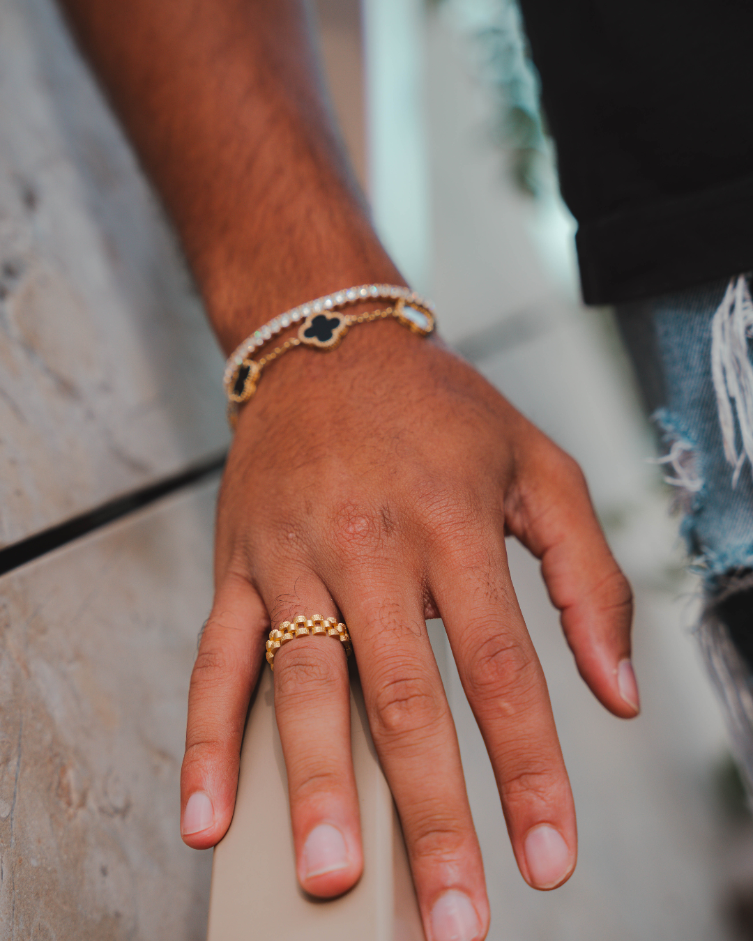 Silver gold-colored link ring + DIAMOND CUT