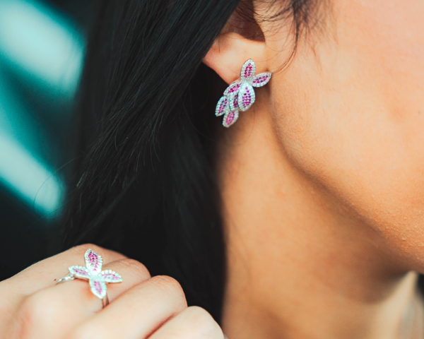 Roze bloemen ring - 925 zilver -
